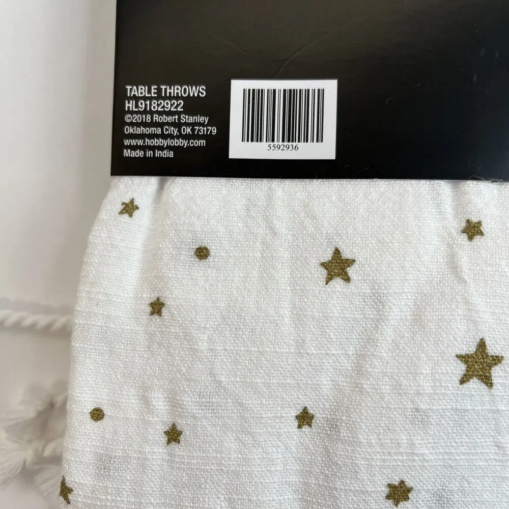Robert Stanley White Table Throw 40x40 inch Metallic Gold Stars Fringe Cotton